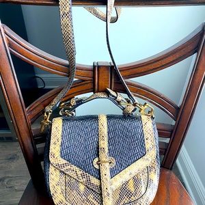 TORY BURCH Raffia Snakeskin Print Flap Satchel